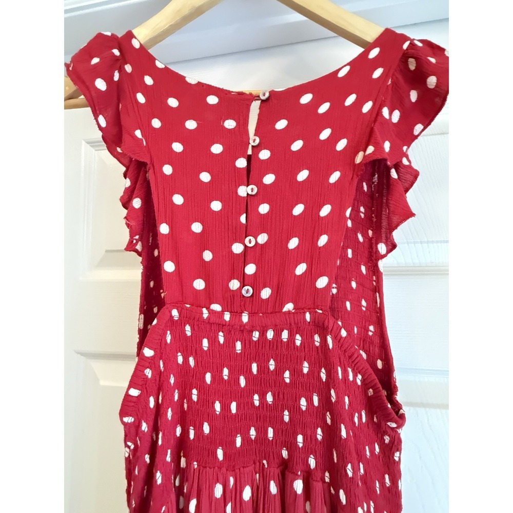 Free People Maxi Dress Women Medium Red Polka Dot Smocked Flutter Sleeve Boho - Picture 6 of 12